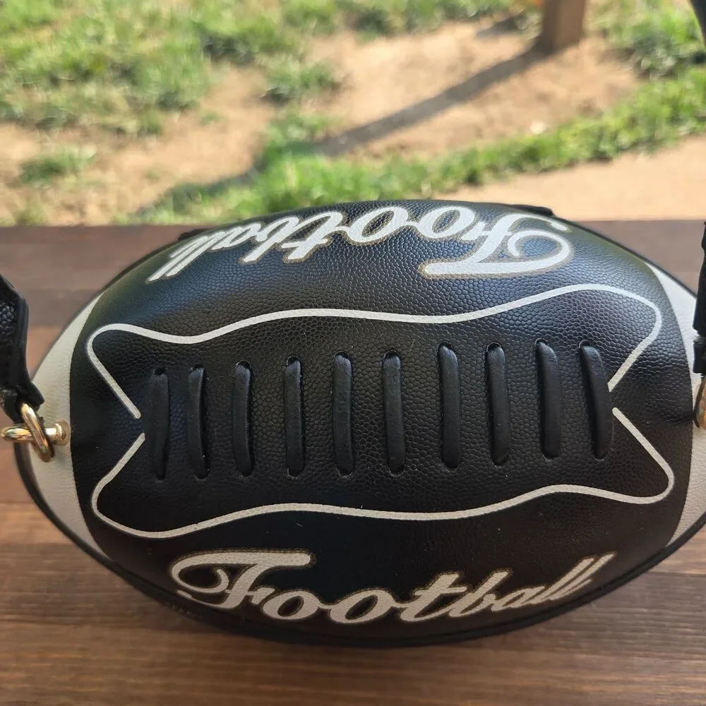 Vintage Football Shaped Handbag Black White Faux Leather Novelty Sports Purse